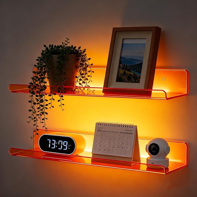 ROYALITA 2-Pack Acrylic Shelves Wall Mounted, 17 Inch Display Shelves | for Small Items Plants Organize Wall Shelves for Gaming Room, Bedroom, Living Room, Office, Orange