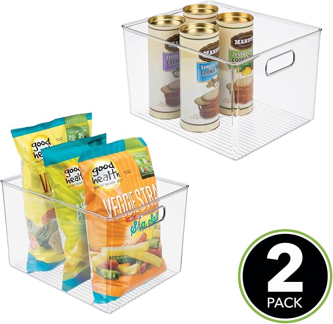 mDesign Plastic Modern Kitchen, Pantry Food Storage Container Bin w/ Handles - Cabinet, Fridge/Freezer, Countertop Organizer - Snacks/Drink/Appliances; Ligne Collection, Clear, 12x10x7.75 (Pack of 2)