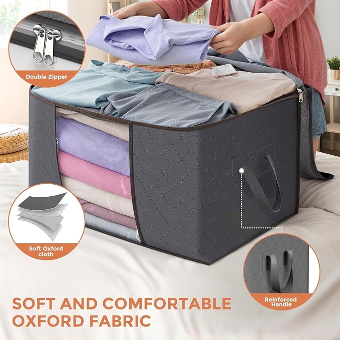 90L Large Storage Bags, 10 Pack Clothes Storage Bins Closet Organizers | Foldable Storage Containers, with Reinforced Handle, for Clothing, Blanket, Comforters, Bed Sheets, Pillows and Toys,Gray