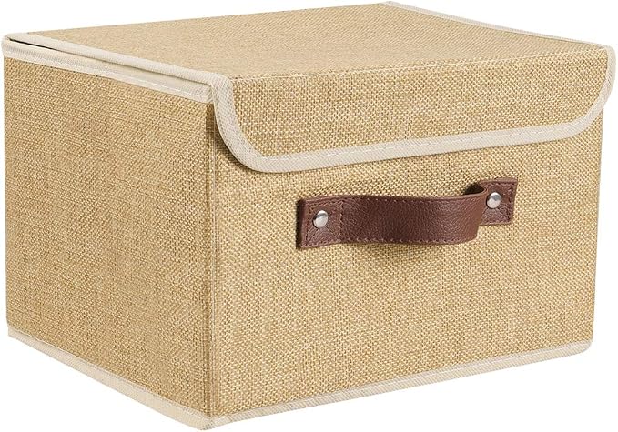 2Pack Storage Bins Boxes with Lids 15"x10"x10" Decorative Storage Baskets | Cotton Linen Fabric, Collapsible, Faux Leather Handles, Storage Cubes, Closet Shelf Clothes Organizer Container, Khaki