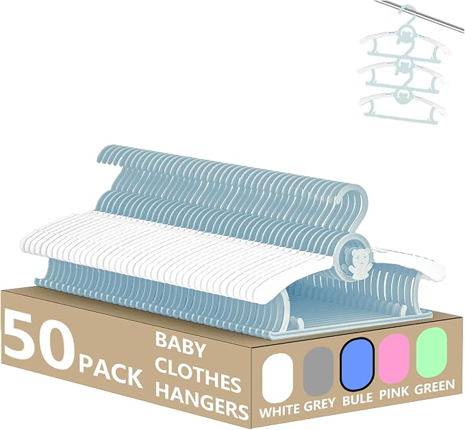 Baby Clothes Hangers 50 Pack, Plastic Kids Hangers Space Saving for Closet | Blue Hanger for Toddler Girl and Boy - Lightweight Anti-Slip Cascading Padded Extendable Adjustable Pant Bear Children Hangar