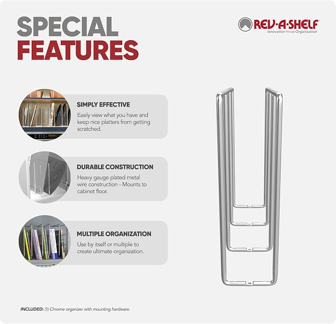 Rev-A-Shelf Baking Sheet Organizer for Wall/Base Cabinets, U-Shaped Bakeware & Cookie Sheet Wire Tray Divider for Kitchen Storage, Chrome, 596-10CR-52
