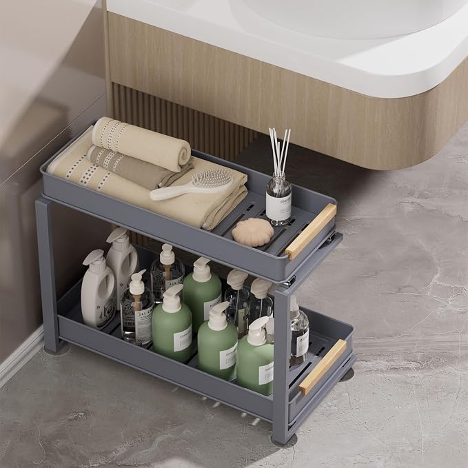 Pull Out Under Sink Organizer, 2 Tier Slide Out Drawer for Kitchen, Bathroom and Cabinet Storage, Steel, Gray
