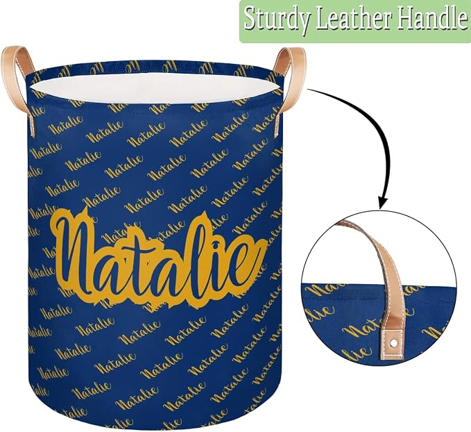 Personalized Laundry Basket, Custom Gift Laundry Hamper, Collapsible Nursery Waterproof Laundry Baskets, Dirty Clothes Toy Hamper with Handles Name Gold Blue