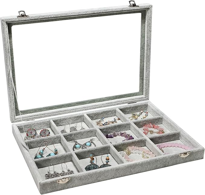 Stratalife 12 Grid Jewelry Holder Organizer: Bracelet Organizer Box with Clear Glass Lid, Velvet Jewelry Storage for Studs, Earrings, Rings, Necklace with Removable Dividers for Dresser, Grey