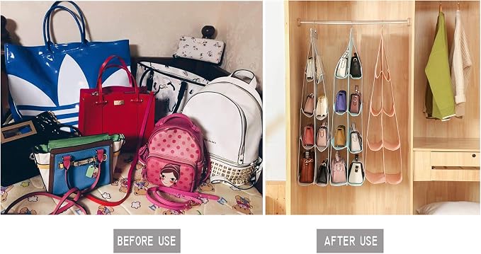 AARAINBOW 1 Pack Hanging Handbag Purse Organizer, Hand Bag Organizer Space Saving, 8 Pockets Wardrobe Organizer, Purse Holder for Closet, 46 L x 13.8W (B-Light Pink)