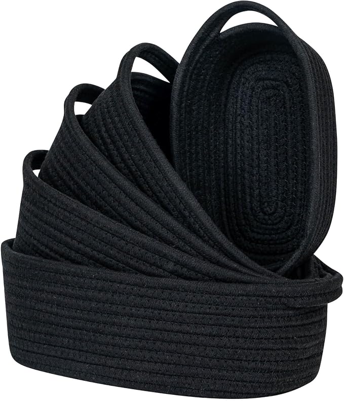 CubesLand Small Storage Basket Cotton Rope Organizer Baskets for Shelves | Set of 5 Decorative Closet Storage Bins with Handle for Countertop, Toilet Paper Basket for Toilet Tank Top, Black Basket