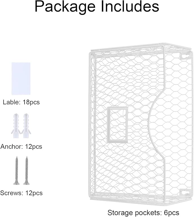 PAG 6 Pockets Hanging File Holder Wall Mount Mail Organizer Metal Chicken Wire Magazine Rack with Tag Slot, White