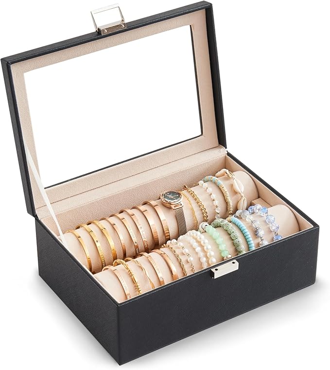 Lolalet Bracelet Display Holder with Rods for Bangles Watches, Clear Lid Jewelry Organizer Box Storage Case for Women Girls -Black, 2 Rolls
