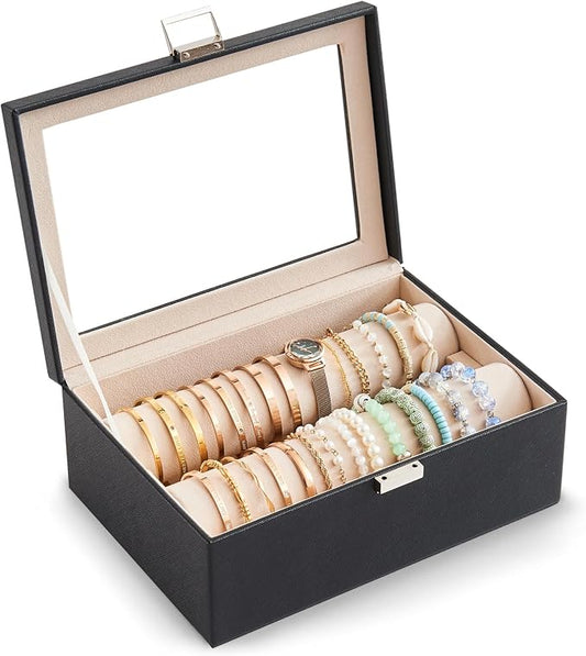 Lolalet Bracelet Display Holder with Rods for Bangles Watches, Clear Lid Jewelry Organizer Box Storage Case for Women Girls -Black, 2 Rolls
