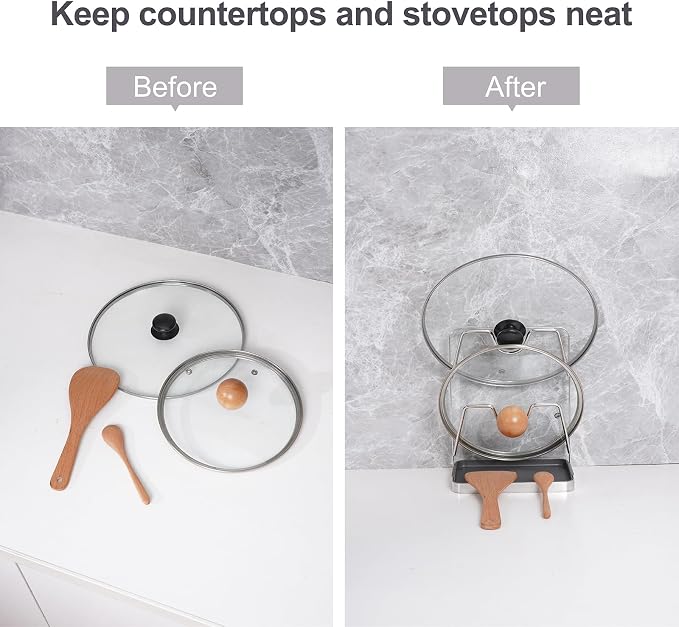 Pot Lid Holder While Cooking, Kitchen Pot Lid Storage Rack for stove top, Multifunctional Kitchen Pot Lid Organizer for Countertop (Iron,Dark Grey)