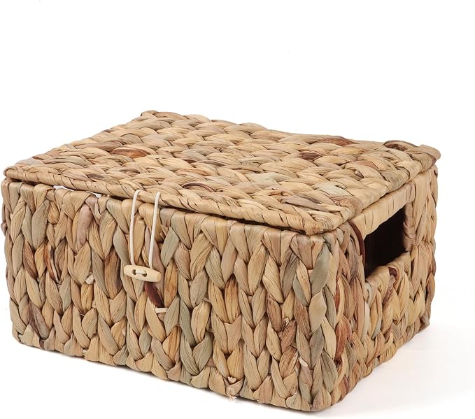 Moosky Wicker Shelf Baskets with Lid, Rectangular Storage Basket Bins with Built-in Handles Handwoven Home Organizer Decor Boxes (Natural, Small)