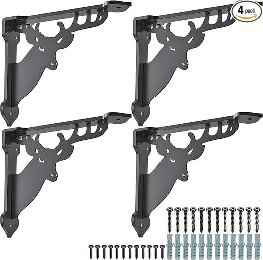 SELEWARE Heavy Duty Shelf Brackets 10 Inch, Deer Shelves Brackets, 300LB Capacity Decorative Metal L Brackets for Floating Shelves, Black Rustic Wall Mount Shelving Bracket with Screws, 4 Pack