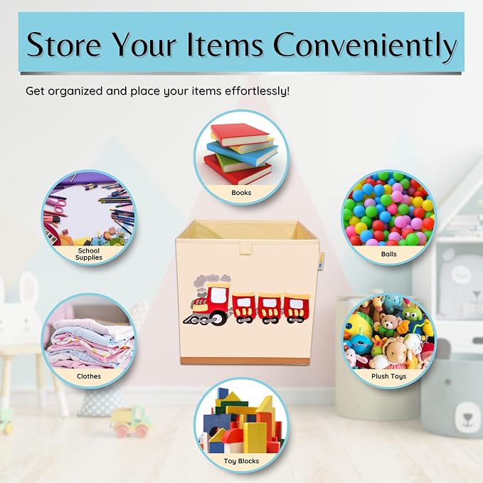 Washable Toy Box Storage Cube, Canvas Toy Chest Organizer Foldable Kids Toy Storage Organizers for Child's Bedroom or Playroom -13x13x13 Inch (Train)