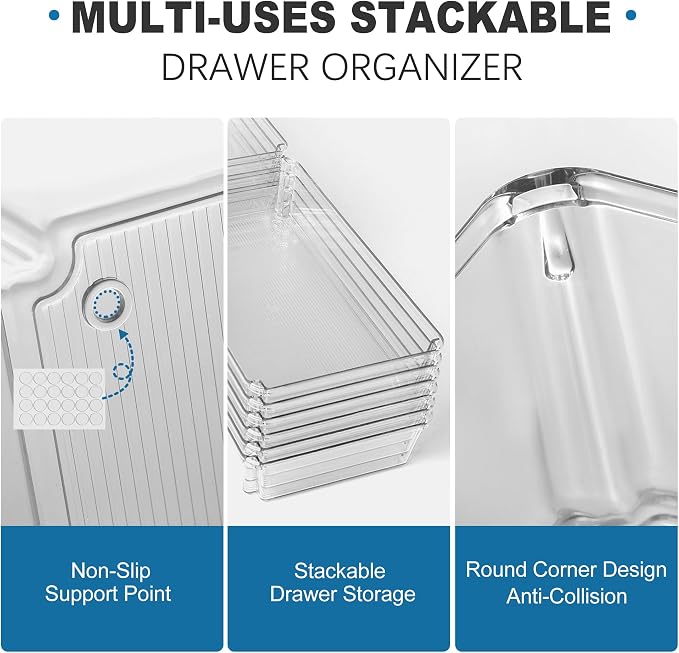 9 PCS Clear Plastic Drawer Organizer Sets, 3 Sizes Vanity Organizer Trays Stackable Storage Bins for Kitchen, Cabinet, Bathroom, Office, Laundry Room Organizing