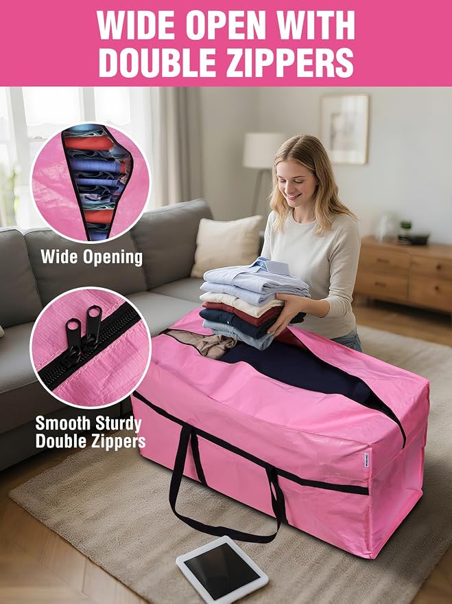 WORKPRO 2-Pack 66 Gallon Extra Large Moving Bags with Zippers & Carry Handles, Heavy-Duty Storage Totes for Moving, Dorm Move-In, Travel & Space-Saving Organization, Pink