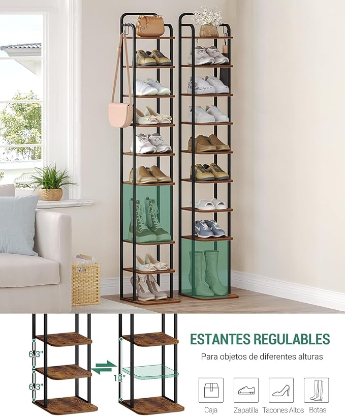 Hzuaneri 10 Tiers Vertical Shoe Rack, Narrow Shoe Tower, Tall Shoes Shelf with 2 Hooks, Adjustable Shelves, Corner Shoes Shelves for Small Spaces, Entryway, Living Room, Rustic Brown SR11201B
