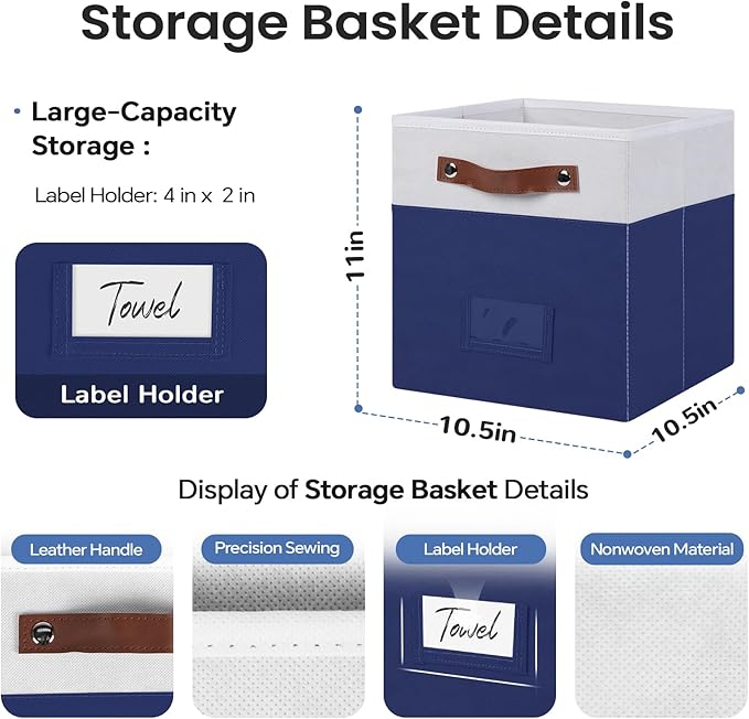 FinishingBo 6-Pack Storage Cubes with Handles & Label Holders Basket, Closet Cube Home Organizer Bins(White/Blue, 10.5 * 10.5 * 11 inch)