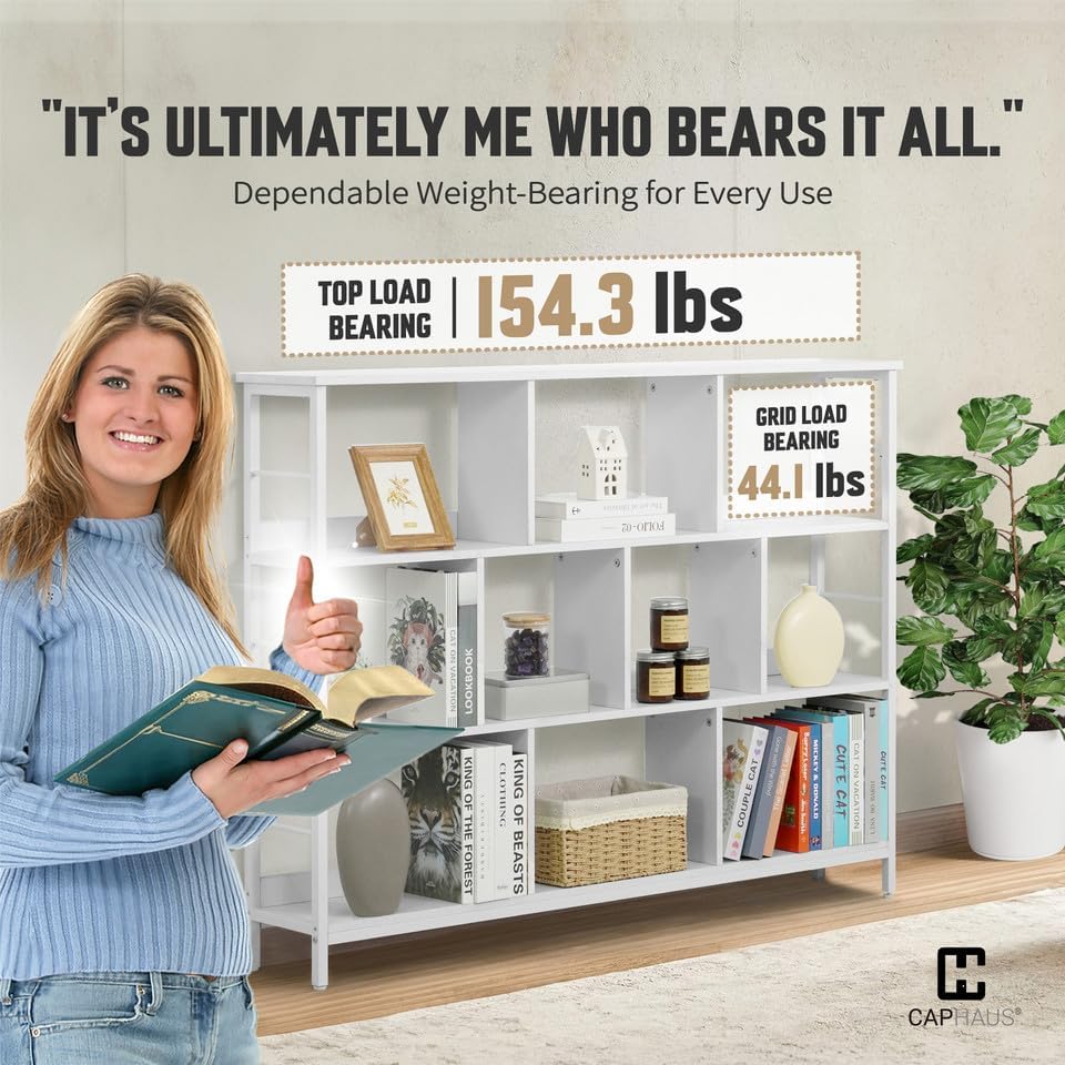 CAPHAUS 10 Cube Storage Organizer, 55” Wide 3 Tier White Industrial Open Shelf Bookcase, Display Shelf, Horizontal Books