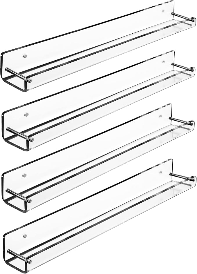 AMT 4 Pack Acrylic Floating Shelves, 15" L x 1.6" W, Clear Bathroom Wall Shelf, Bookshelves, Invisible Display for Office, Bedroom, Small Gap Allows Water to Escape, Free Screws & Drill Bit (Small)