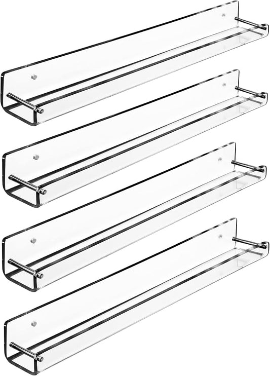 AMT 4 Pack Acrylic Floating Shelves, 15" L x 1.6" W, Clear Bathroom Wall Shelf, Bookshelves, Invisible Display for Office, Bedroom, Small Gap Allows Water to Escape, Free Screws & Drill Bit (Small)