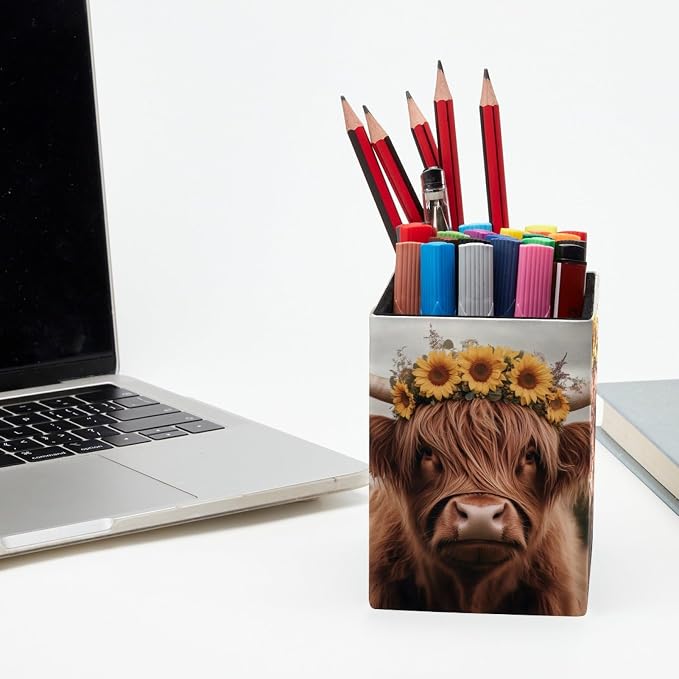 Pen Holder for Desk, Highland Cow Sunflower Pencil Holder, Pen Cup Functional Desk Organizer for Office Supplies