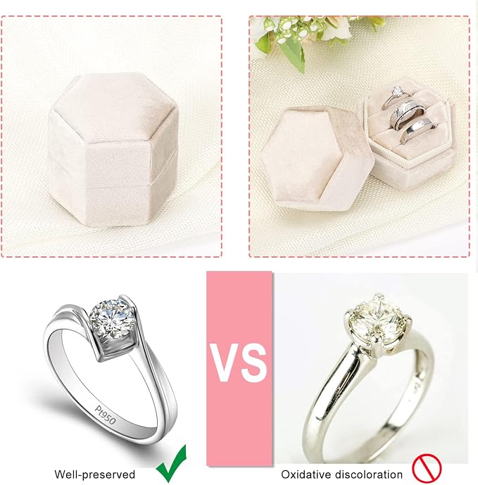 WantGor Velvet Jewelry Ring Box, 3 Slots Hexagon Ring Gift Box Vintage Ring Display Holder Case for Wedding Ceremony Proposal Engagement (Beige, 3 Slots)