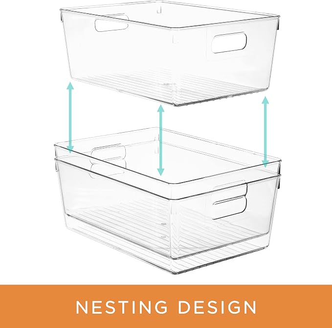 Sorbus Clear Square Fridge Bins- Thick Sturdy Plastic Refrigerator Pantry Organizer- Versatile Non-Slip Stackable Cabinet Organization- Bath, Makeup, Food Snack Packet Organizer - 3 Pack