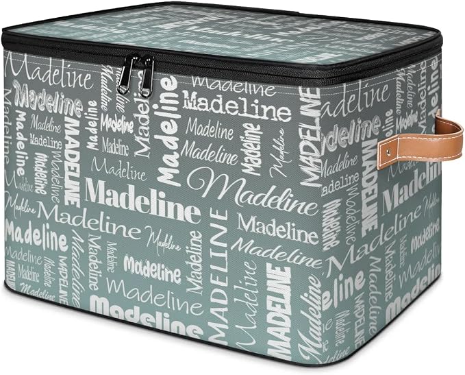 Custom Storage Basket with Name, Personalized Keepsake Box with Zipper Lid, Foldable Fabric Memory Bin Large capacity with Handle Gradient Grey Green