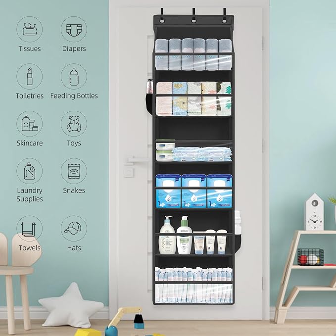 Over Door Organizer with 6 Extra Large Pockets 12 Side Pockets, 2-Pack Sturdy Closet Rack, Hanging Storage Organizer with Clear Window for Shoes, Diapers, Toys, Bedroom, Bathroom, Black