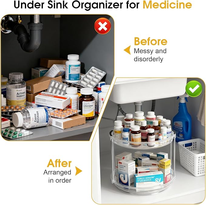 2 Tier Medicine Cabinet Organizer, Rotary Turntable Organizer for Medicine and Vitamin Bottles, Under Sink Organizer for Medicine, Bathroom Cabinet Storage, Easy Assembly, Transparent Clear