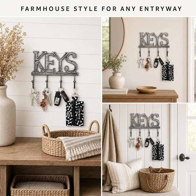 Comfify Gray Cast Iron Key Holder for Wall – Keys Sign with 4 Hooks | Neutral gray versatile finish; mounting hardware included; entryway, hallway or door; 6"H x 8"L; holds 8 keychains