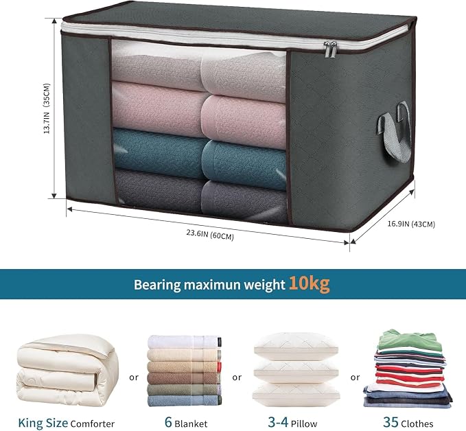 90L Large Storage Bags, 3 Pack Clothes Storage Bins Closet Organizers | Foldable Storage Containers, with Reinforced Handle, for Clothing, Blanket, Comforters, Bed Sheets, Pillows and Toys,Gray