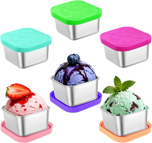 Showvigor 6-Pack 2.7oz Square Stainless Steel Condiment Cups with Leakproof Lids | Reusable Dip Containers for Lunch Box, Snacks, Sauce, Party - Dishwasher Safe