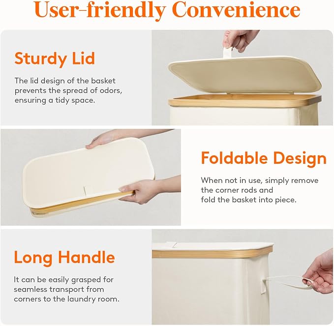 Lifewit 75L Slim Laundry Hamper with Lid, Narrow Laundry Basket with Removable Bag & Bamboo Handles, Fodable Thin Dirty Clothes Hamper for Laundry Collapsible Bin for Bathroom Bedroom Dorm, White