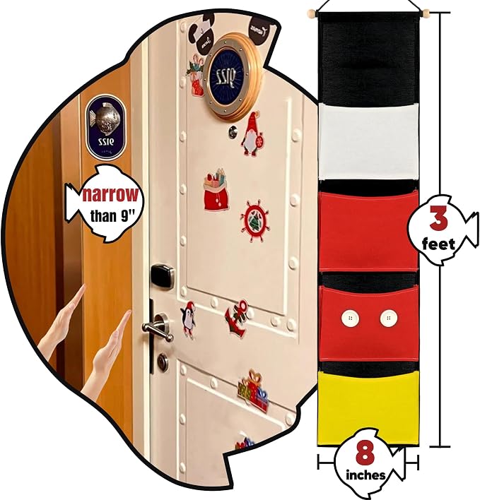 RUNROLE 8 Inch Narrow Fish Extender to Right Fit the Cabin Door - 1, 2, 3, 4 Pocket Hanging Storage Organizer, Easily Customize, 2026 & 2027 FE for Gift Exchanges and Pixie Dust, Cruise Essentials