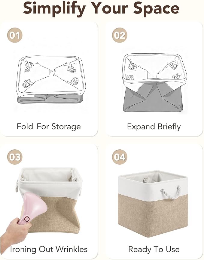 12x12 Storage Cube Bins, 6 Pack Reinforced Bottom Cardboard Foldable Box, Organizer for Closet Shelves, Heavy Home Storage Baskets (White Khaki)