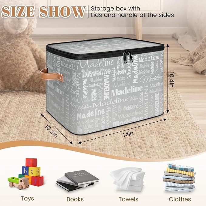 Custom Storage Basket with Name, Personalized Keepsake Box with Zipper Lid, Foldable Fabric Memory Bin Large capacity with Handle Grey