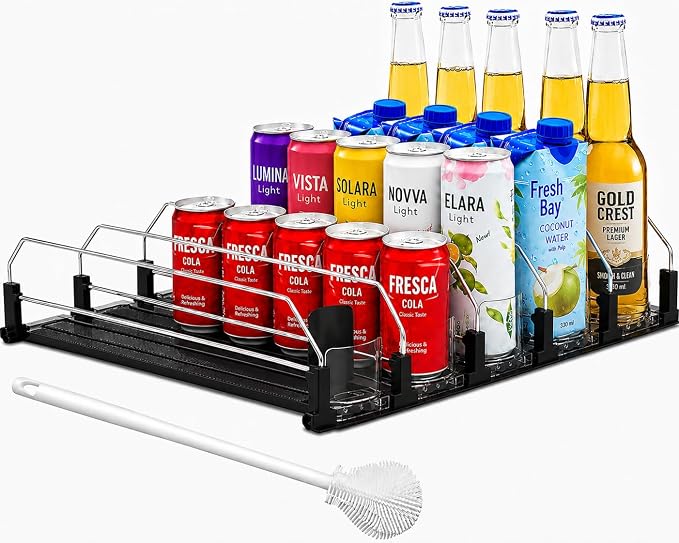 Drink Organizer for Fridge with Cleaning Brush, Soda Can Dispenser for Refrigerator, Automatic Drink Dispenser for Fridge Holds up to 25 Cans, 5 Row Adjustable Organizer with Smooth Pusher Glide Black