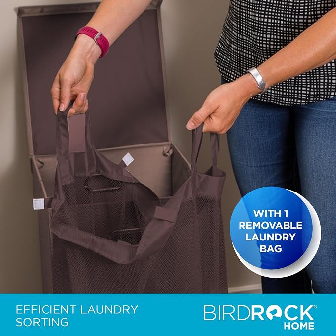 BirdRock Home Single Laundry Hamper with Lid and Removable Liner | Linen | Easily Transport Laundry | Foldable Hamper | Cut Out Handles
