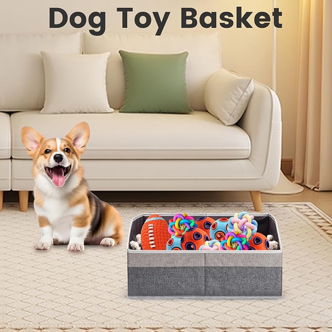 Large Dog Toy Basket with Handle, Foldable Dog Toy Box for Living Room Area , 20" Basket for Dog's Supplies, Organizer and Storage with Hard Board, Anti-Slip for Pet Toys (Gray, Medium 20"×15")
