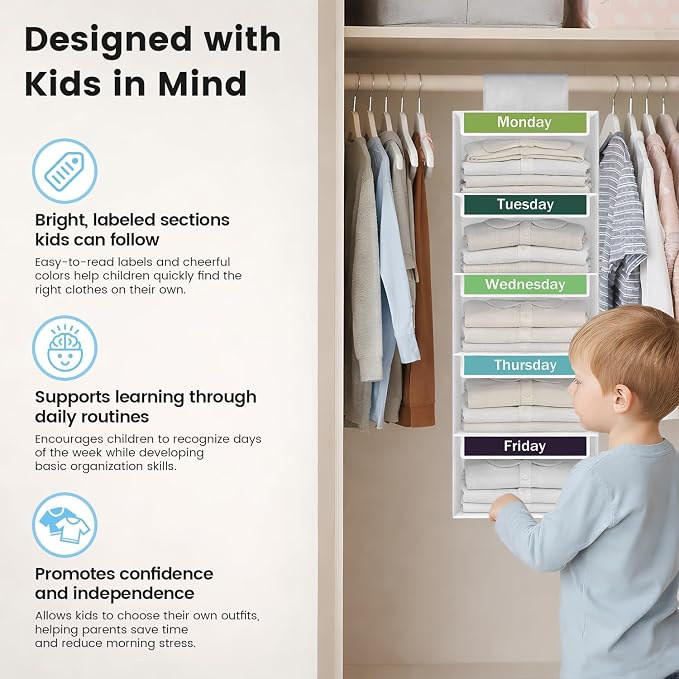 Weekly Clothes Organizer for Kids, 5-Shelf Kid Hanging Closet Organizer w/ 6 Side Pockets, Labeled Weekly Outfit Organizer for Kids, Days of The Week Clothes Organizer Monday Through Friday White