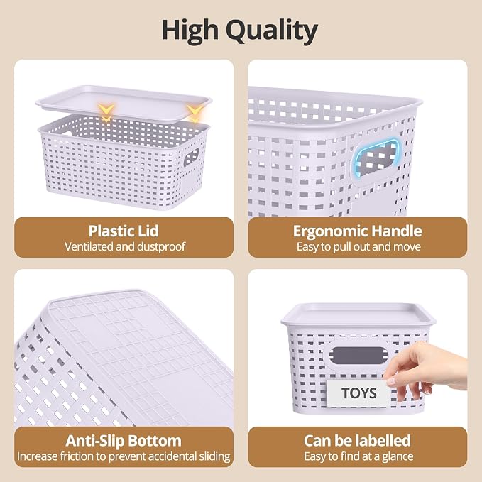 Plastic Storage Basket with Lid, Stackable Small Box Bins for Organizing and Containers for Shelves Drawers Desktop Closet Playroom Pantry Classroom Office Home, 8 Pack 10.2"x7.2"x4.1" Lavender