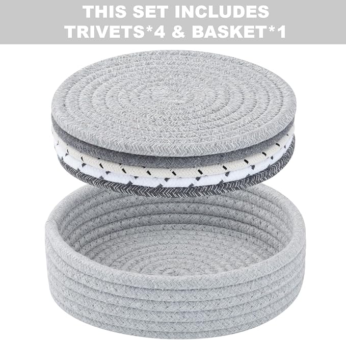 Trivets for Hot Dishes, Pots and Pans, Heat Resistant Hot Pads with Storage Basket, Pot Holders for Kitchen Countertop, Trivet Mats Home Essentials Farmhouse Decor (Grey 5 Pcs)
