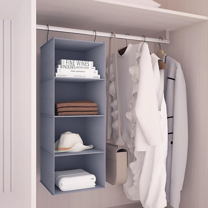 Hanging Closet Organizer 4-Shelf, Oxford Fabric Wardrobe Storage, Gray | Easy-mount foldable design holds clothes, handbags, shoes & accessories; washable Oxford fabric, sturdy and space-saving.