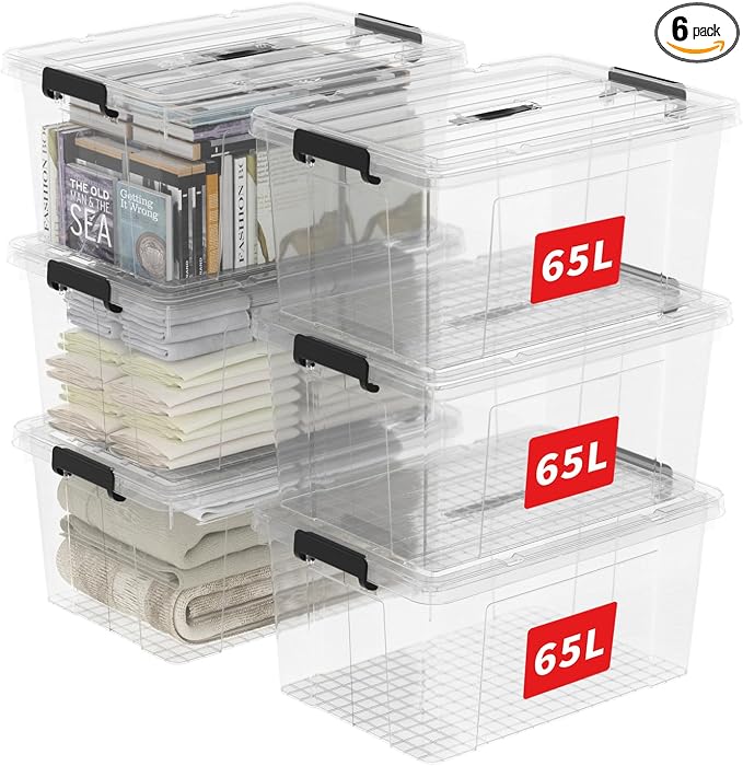 Cetomo Lidded Storage Bin with Handle, Tote Organizing Container with Wheels, Lid and Secure Latching Buckles, Stackable and Nestable, Plastic, 72 Quart-6 Pack, Clear
