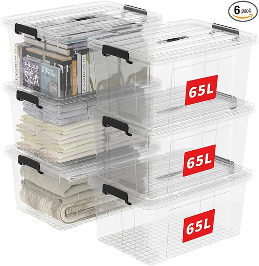 Cetomo Lidded Storage Bin with Handle, Tote Organizing Container with Wheels, Lid and Secure Latching Buckles, Stackable and Nestable, Plastic, 72 Quart-6 Pack, Clear
