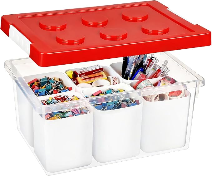 Plastic Storage Bins with Lids, Art Craft Supply Organizer Box with Brush Pot, Multipurpose Stackable Storage Containers for Organizing Tool, Craft, Crayon,Sewing (Red)