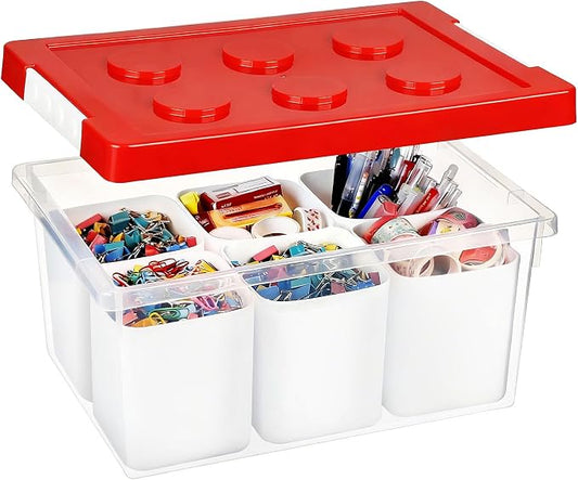 Plastic Storage Bins with Lids, Art Craft Supply Organizer Box with Brush Pot, Multipurpose Stackable Storage Containers for Organizing Tool, Craft, Crayon,Sewing (Red)