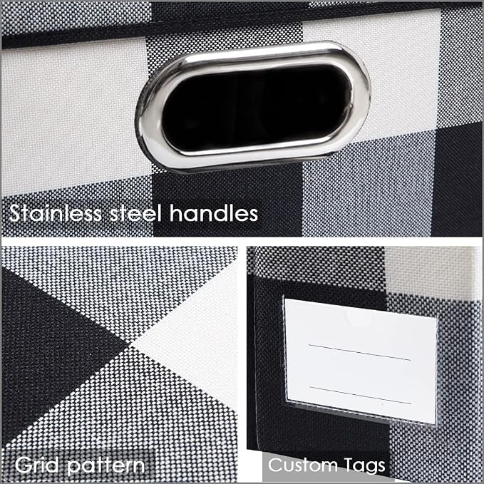 PRANDOM Collapsible Storage Bin with Lid [3-Pack] Fabric Foldable Storage Box Organizer Container Basket Cube with Cover for Home Bedroom Closet Office Nursery Black and White Grid(14.9x9.8x9.8)